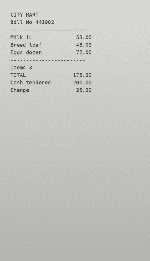 Thermal receipt sample with amount layout stress